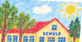Beispielzeichnung eines Schulhauses aus der Gestaltungsvorlage